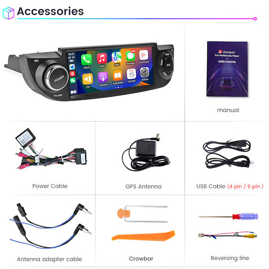 Junsun 6 86" Android 15 Multimedia 2gb/64gb Fiat 500 2007-2015 Ασύρματο Carplay Android Auto Gps Dsp Μαύρος