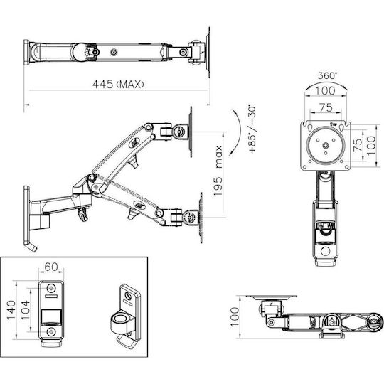 North Bayou F150B Монтирана На Стена Основа За 2 Екрана До 35" С Ръка