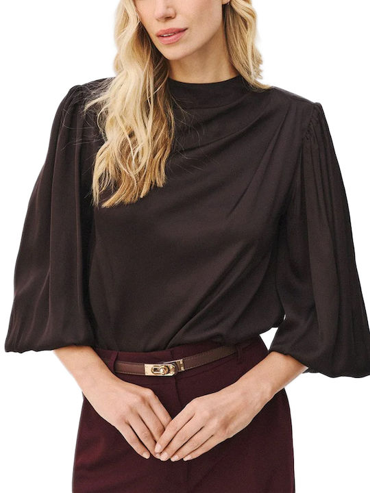 Damen Bluse Satin Langärmelig mit Ausschnitt mit Reißverschluss Braune
