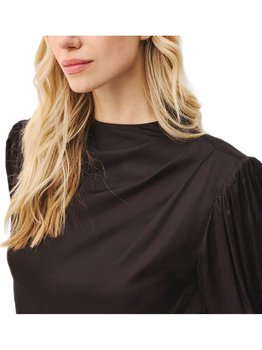 Damen Bluse Satin Langärmelig mit Ausschnitt mit Reißverschluss Braune