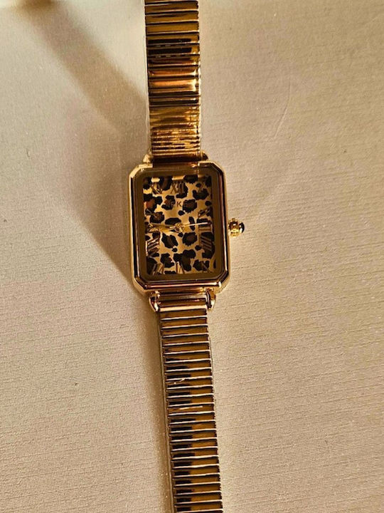 Ceas Dama Baterie Cu Brățară Din Oțel Inoxidabil Auriu/Animal Print