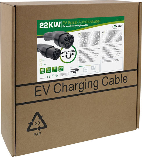 Inline Кабел за зареждане на електрически автомобил 22kw Type 2 3-фазен Спирален 7.5m 16287s