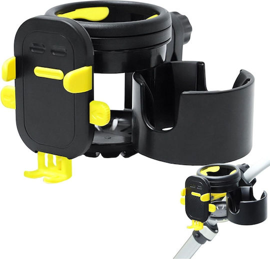 Suport Universal 3în1 pentru Cărucior Flippy Biciclete Mașină Fabricat din ABS 1 Suport pentru Telefon 2 Suporturi pentru Pahare Rotație 360° Negru Galben
