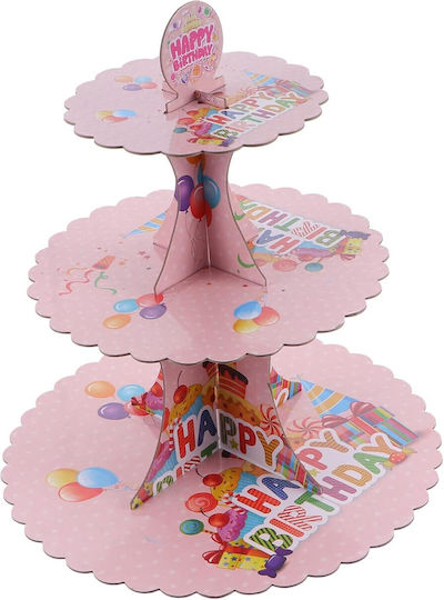 Stand Pentru Dulciuri Din Carton Flippy Cu 3 Nivele Diametru 16 22 29 Cm Înălțime 38 Cm Temă Happy Birthday Roz