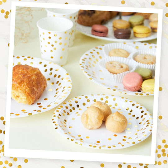 10 Einwegplatten Flippy Polka Dot Druck Pappe 18 cm Durchmesser Weiß Gold