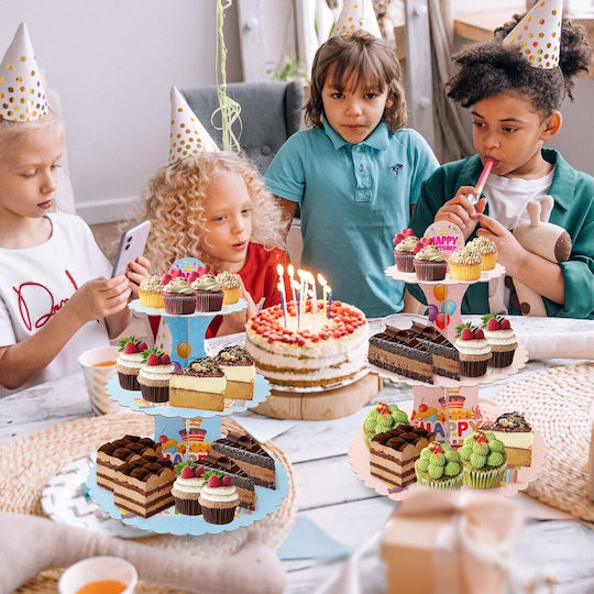 Stand Pentru Dulciuri Din Carton Flippy Cu 3 Nivele Diametru 16 22 29 Cm Înălțime 38 Cm Temă Happy Birthday Roz