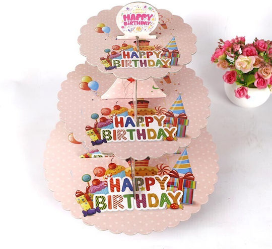 Stand Pentru Dulciuri Din Carton Flippy Cu 3 Nivele Diametru 16 22 29 Cm Înălțime 38 Cm Temă Happy Birthday Roz
