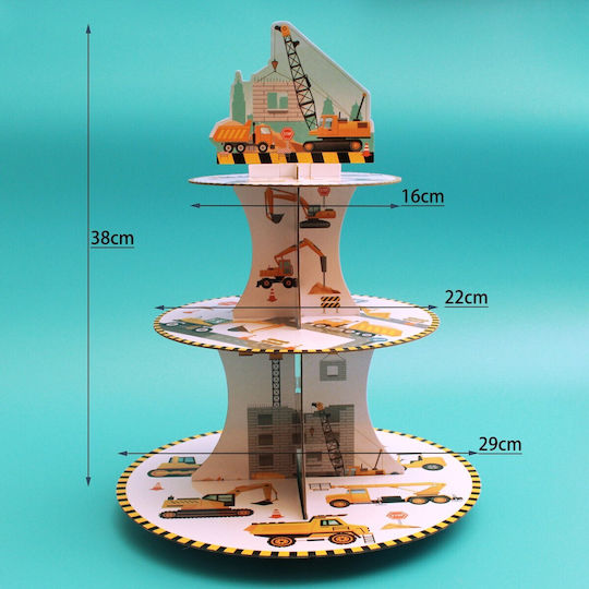 Stand Pentru Tort Flippy Din Carton 3 Niveluri Diametru 16 22 29 Cm Înălțime 38 Cm Temă Utilaje De Construcții Multicolor