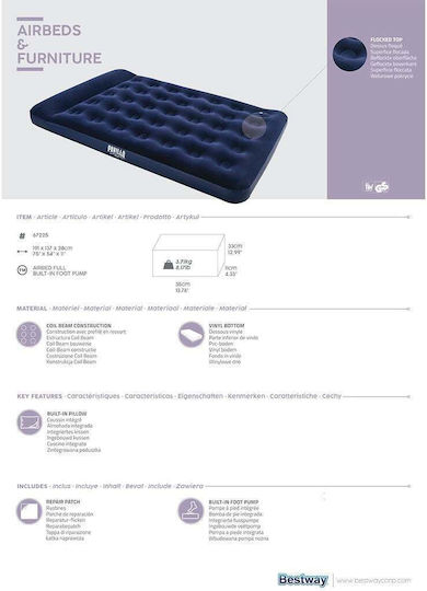 Bestway Aufblasbare Camping-Luftmatratze Einzel mit Integrierter Handpumpe 185x76x22cm