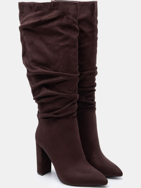 Suede Women's Boots with High Heel Brown