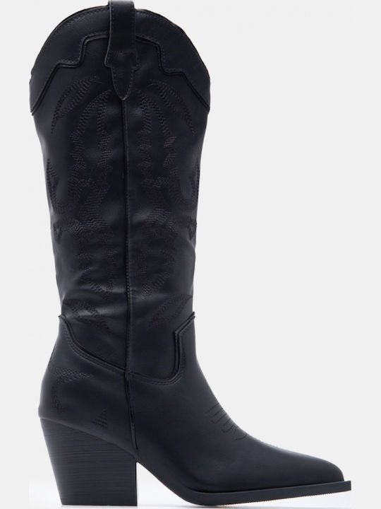 Suede Women's Boots Cowboy with Mid Heel Black