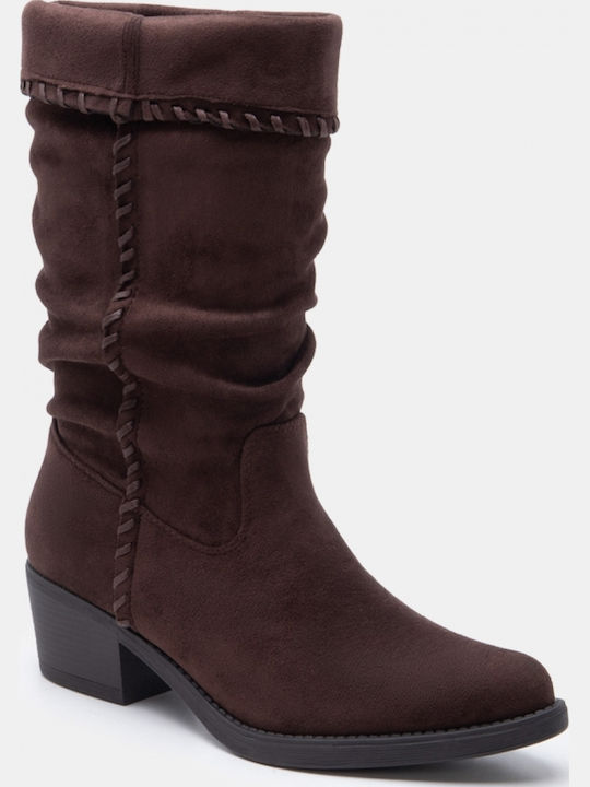 Suede Women's Ankle Boots Cowboy with Medium Heel Brown