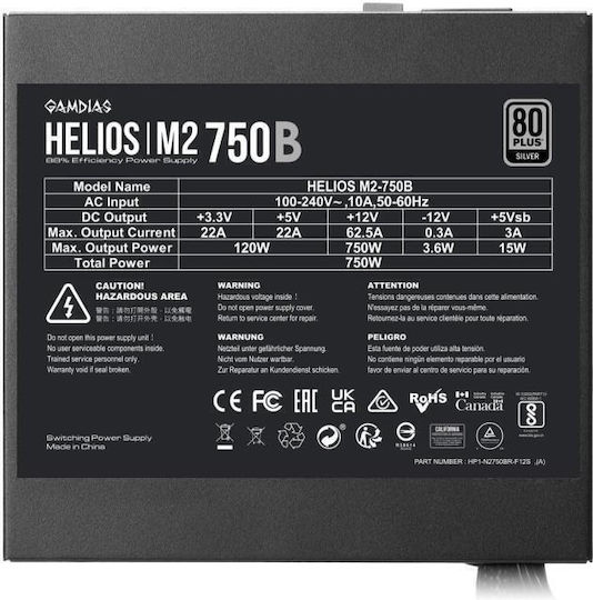 Gamdias 750W Μαύρο Τροφοδοτικό Υπολογιστή Full Wired 80 Plus Silver (HELIOS-M2-750B)