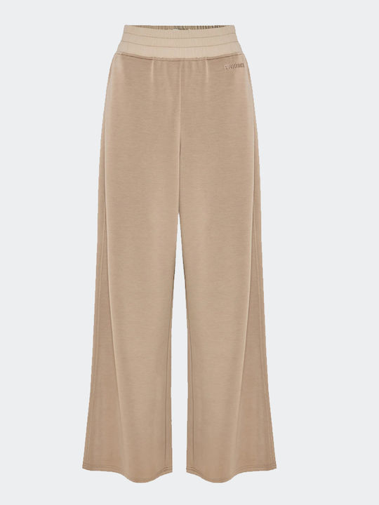 Women's High Rise Fabric Trousers with Elastic in Loose Fit Beige