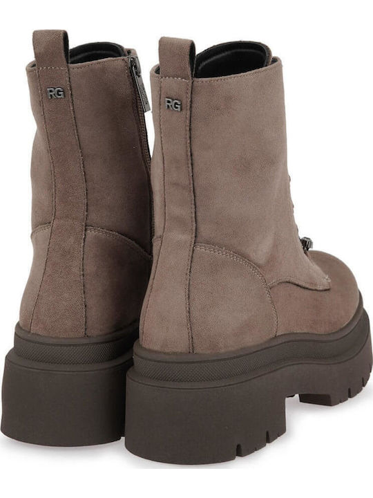Suede Women's Combat Boots with Mid Heel Brown