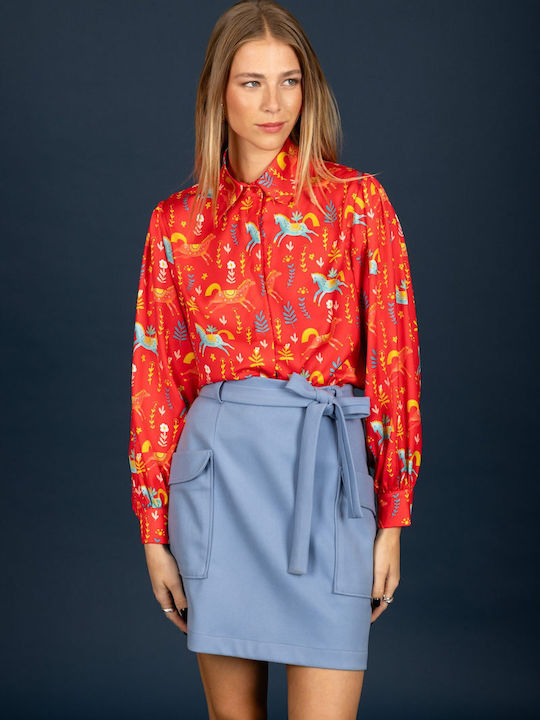 Langärmeliges Damenhemden Satin Rot