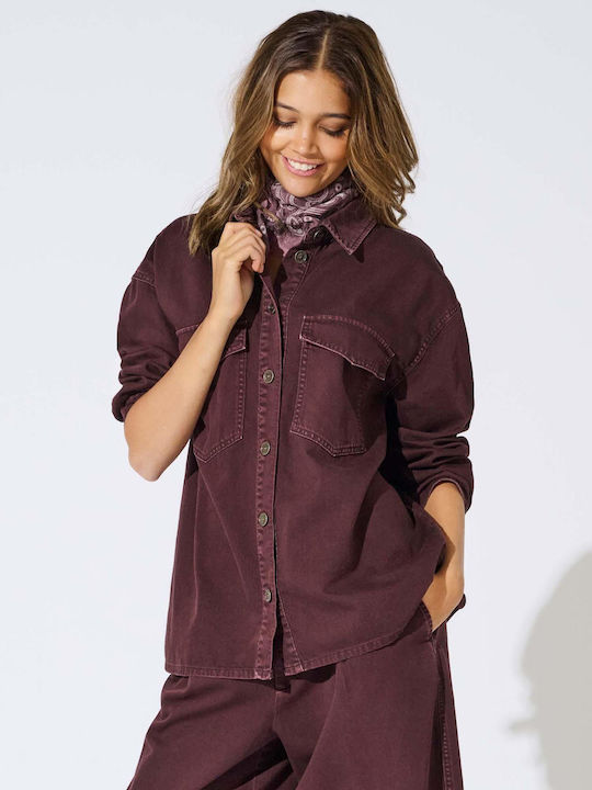 Langärmeliges Damen-Denim Halbknopfhemd Burgundisch