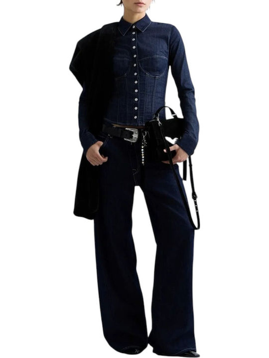 Long Sleeve Women's Denim Shirt Dark Blue