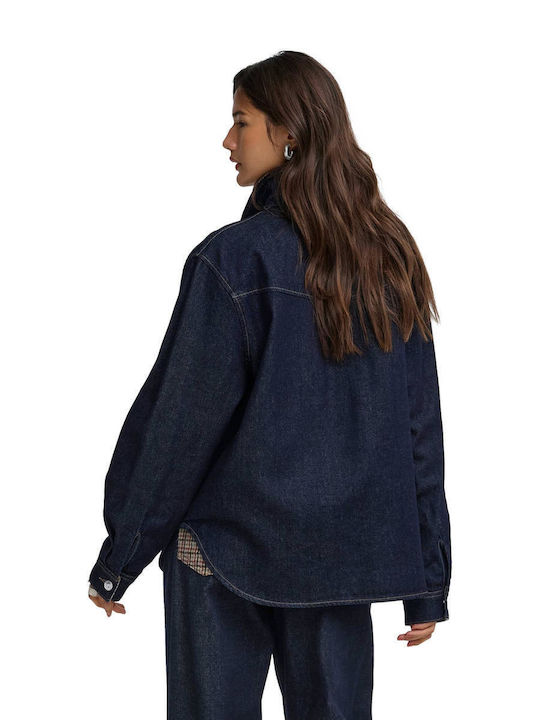 Langärmeliges Damen-Denim-Halbknopfhemd Blau Geprüft