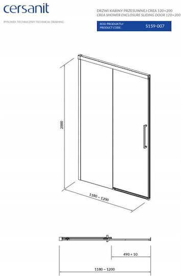 Cersanit Cabinet Duș Cu Ușă Glisantă 120x200cm Sticlă Transparentă