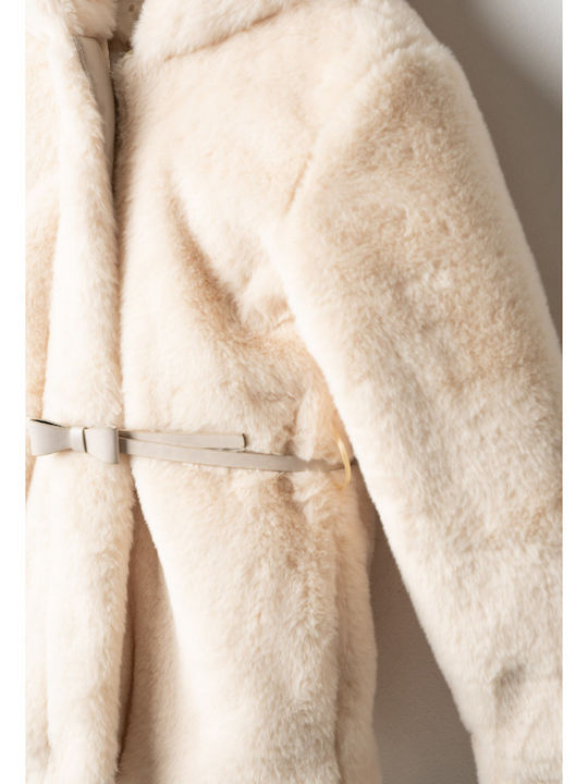 Evita Kids Short Fur Hooded Ecru