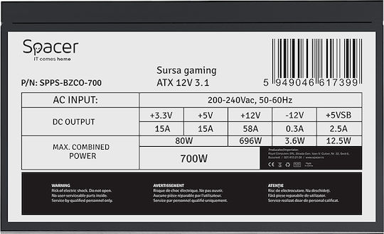 Spacer 700W Schwarzes Voll Verkabeltes 80 Plus Bronze Netzteil für Computer