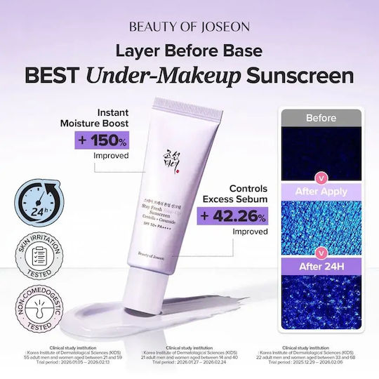 Beauty of Joseon Stay Fresh Tone-Up Purple Cremă de protecție solară pentru față SPF50+ 50ml