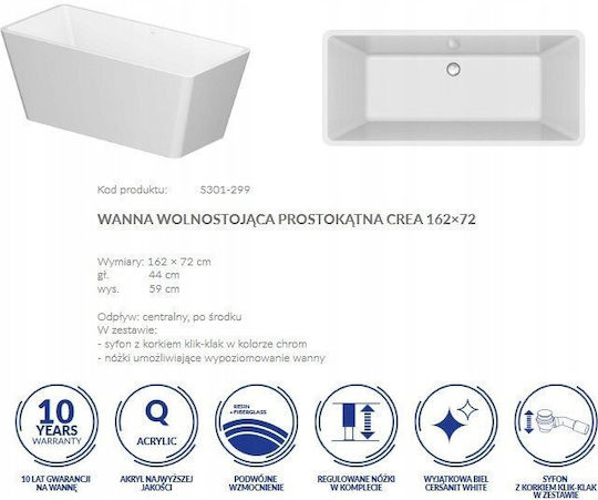 Cersanit Freestanding Acrylic Bathtub 162x72cm