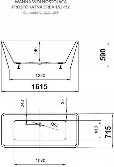 Cersanit Freestanding Acrylic Bathtub 162x72cm