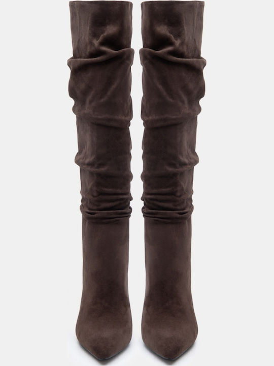 Suede Women's Boots with High Heel Khaki