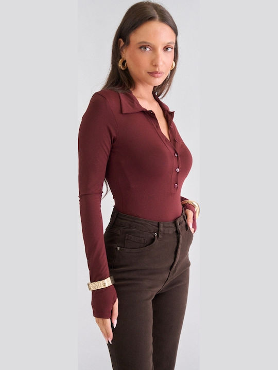 Damen-Bodysuit mit Knöpfen Burgundisch