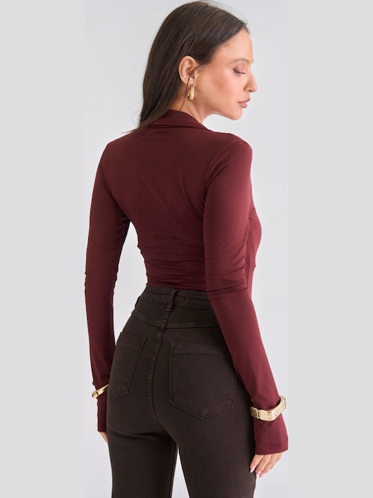 Damen-Bodysuit mit Knöpfen Burgundisch