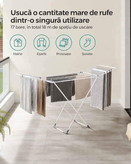 Songmics Uscător de Rufe Pliabil de Pardoseală Inox cu Lungimea Suportului de Uscare a Hainelor 18m