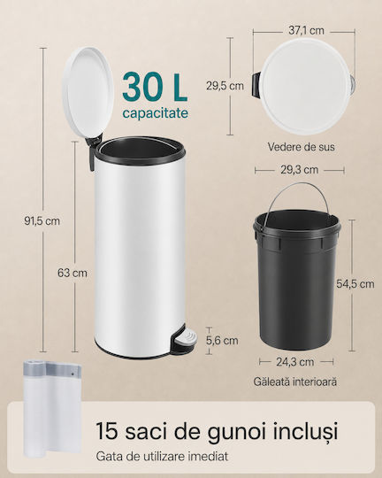 Songmics Coș de Gunoi din Oțel Inoxidabil cu Pedală 30lt Alb