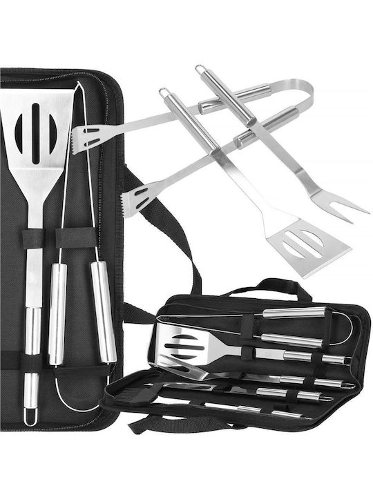 Set de ustensile pentru grătar din oțel inoxidabil, 5 piese, cu husă de transport 37x14x5 cm, argintiu
