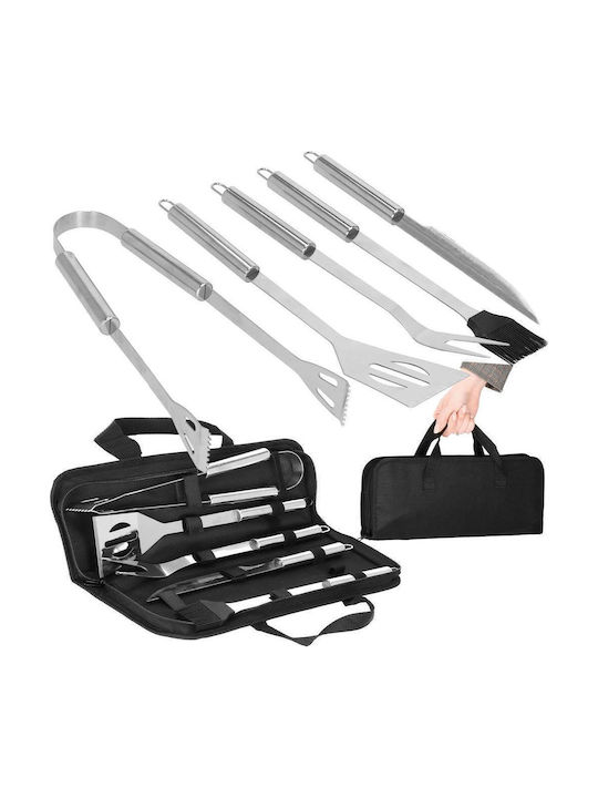 Set de ustensile pentru grătar din oțel inoxidabil, 5 piese, cu husă de transport 37x14x5 cm, argintiu