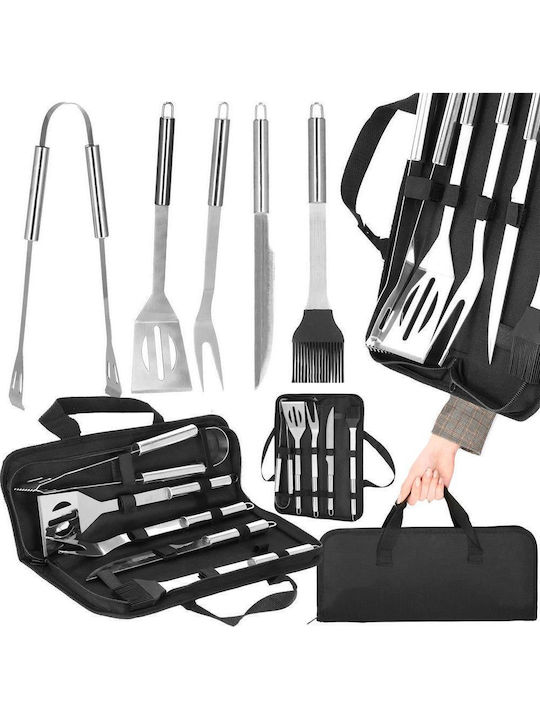 Set de ustensile pentru grătar din oțel inoxidabil, 5 piese, cu husă de transport 37x14x5 cm, argintiu