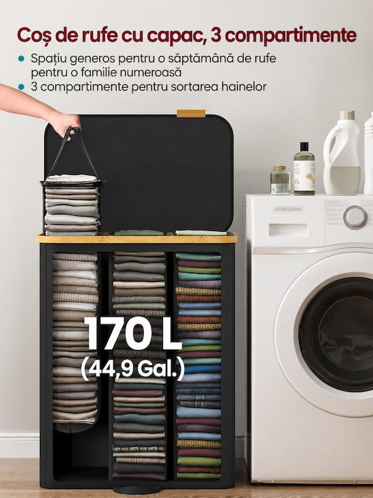 Songmics Coș de rufe din țesătură 170 l cu capac 60x39x75 cm Negru