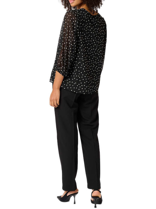 Women's Blouse with 3/4 Sleeve & V-Neckline Black Polka Dot