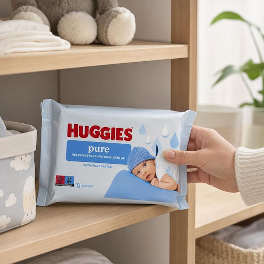Huggies Pure Servetele Umede Bebelusi Hipoalergenice Cu 99% Apă Fără Alcool Și Fara Parabeni 56 Bucăți