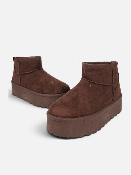 Suede Women's Ankle Boots with Fur Brown