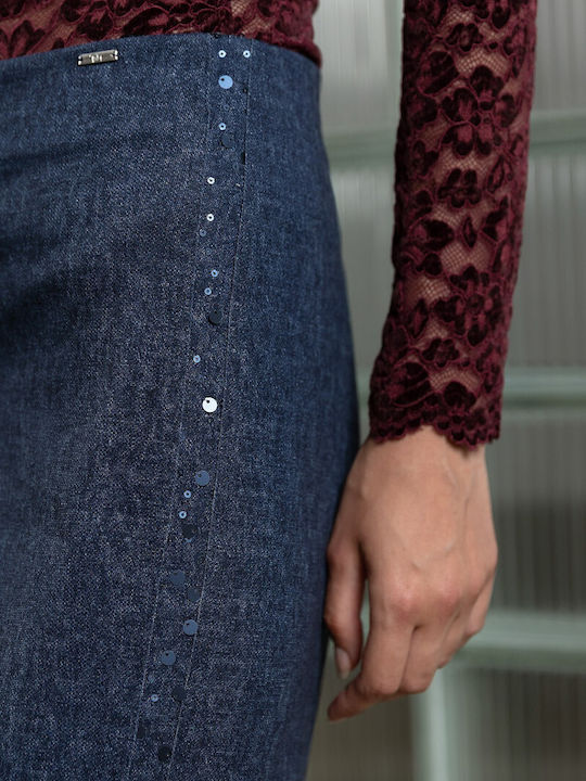 Women's High Rise Fabric Flared Trousers Regular Fit Blue with Sequins