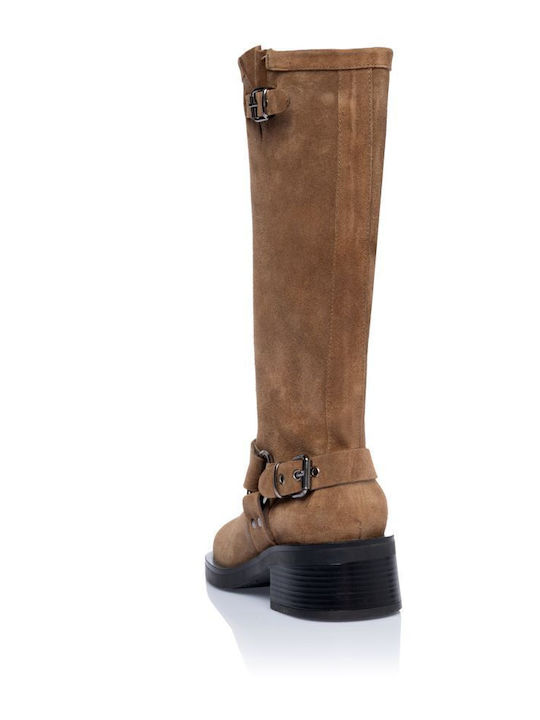 Leder Damenstiefel mit Mittelhohem Absatz Braun