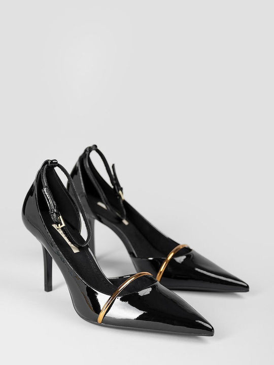 Spitze Zehe Pumps aus Lackleder mit Absatzstiletto & Riemchen Schwarz