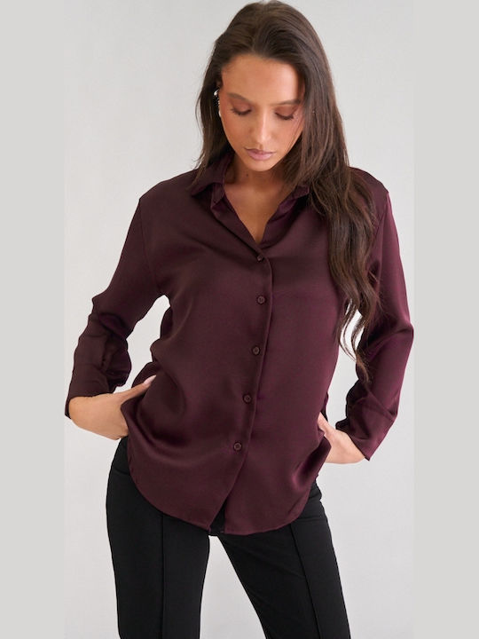 Long Sleeve Women's Satin Shirt Burgundy