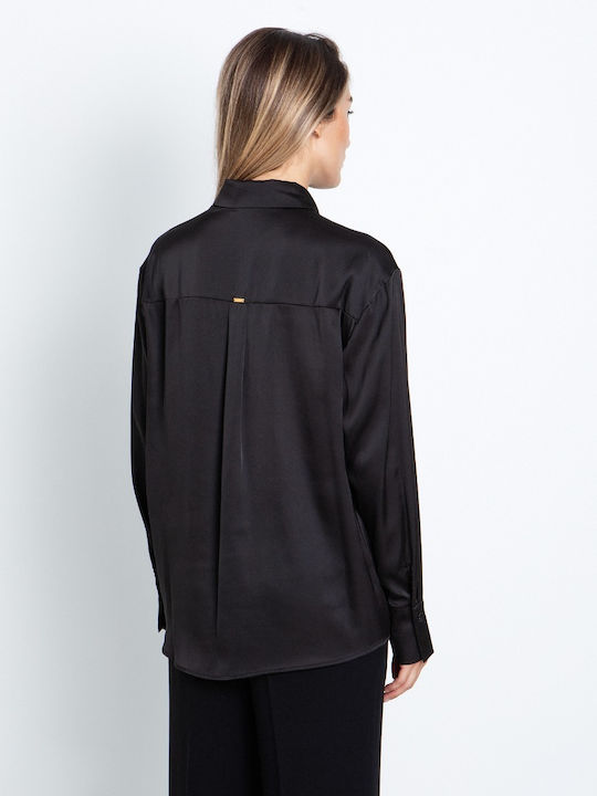 Langärmeliges Damenhemd Satin Schwarz
