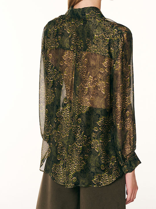 Long Sleeve Women's Silky Shirt Green Floral