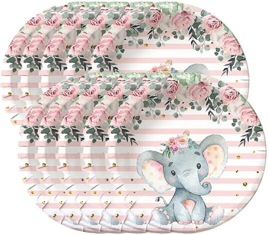 Set 10 Disposable Plates Flippy Elephant Print Cardboard 22 Cm Pink