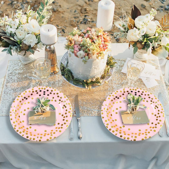 Set 10 Disposable Plates Flippy Polka Dot Print Cardboard 18 Cm Diameter Pink Gold