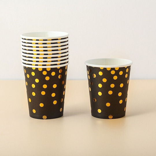 Set 10 Pahare Flippy Cu Buline Imprimat Pe Carton 250 Ml 7.5 X 8.5 X 5.2 Cm Negru Auriu